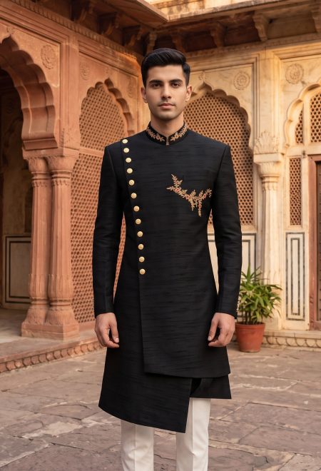 Stylish Angle Cut Jet Black Sherwani