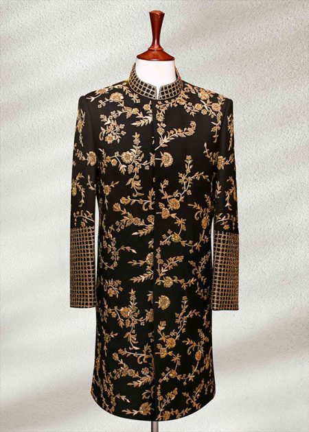 Luxury Black and Golden Sherwani for Barat black and golden sherwani