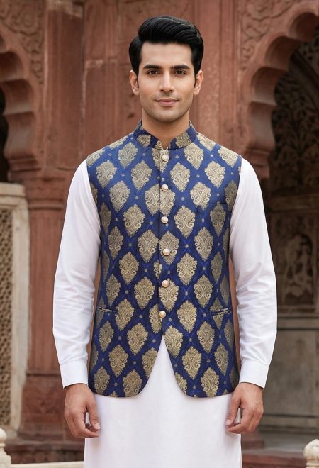 Blue Jamawar Waistcoat