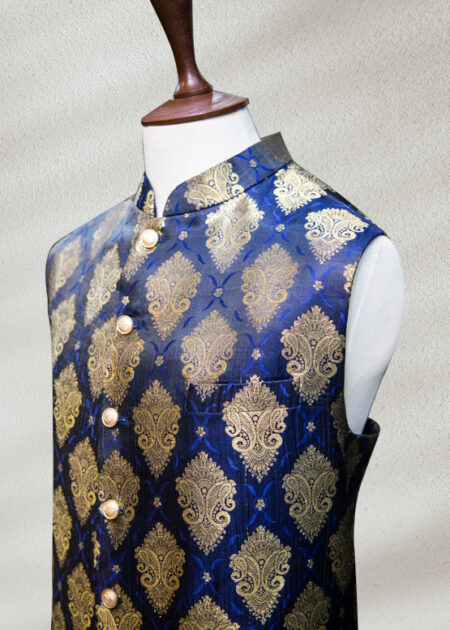 Customized Blue Jamawar Waistcoat