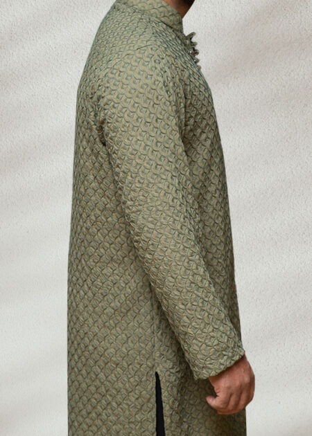 Olive colored Chikankari Kurta For Men