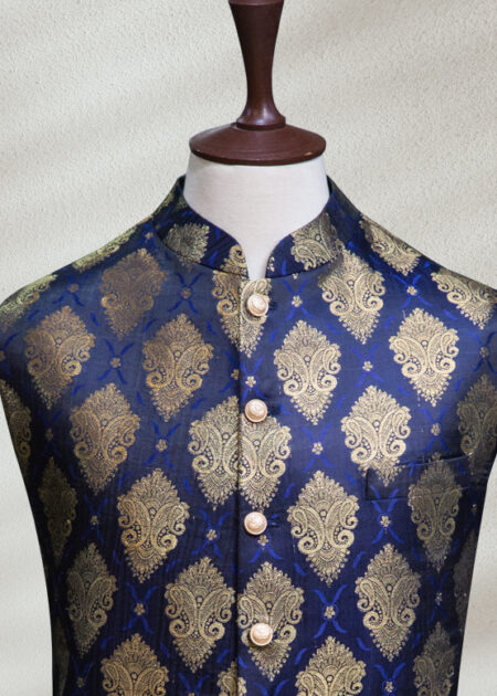 Customized Blue Jamawar Waistcoat