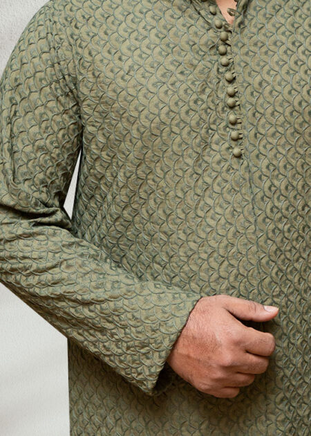 Olive colored Chikankari Kurta For Men