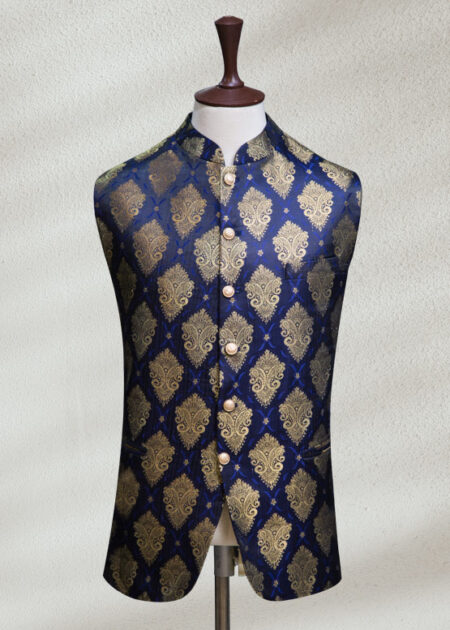 Customized Blue Jamawar Waistcoat