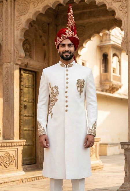 Pearl White Embroidered Sherwani With Red Turban Pearl White Embroidered Sherwani Pearl White Embroidered Sherwani With Red Turban