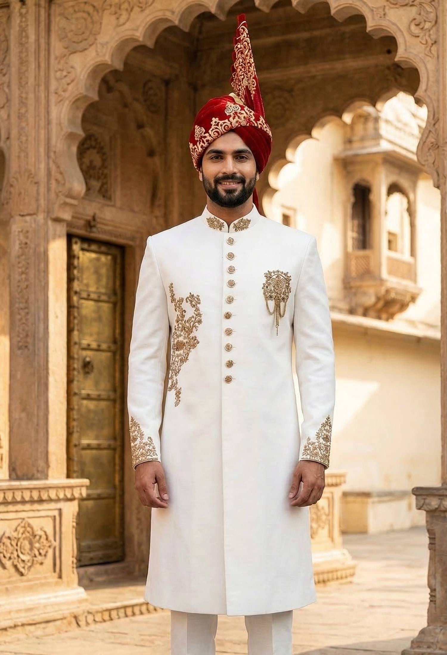 Pearl White Embroidered Sherwani With Red Turban Pearl White Embroidered Sherwani With Red Turban