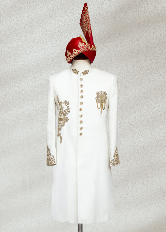 7 (1) Pearl White Embroidered Sherwani With Red Turban Pearl White Embroidered Sherwani