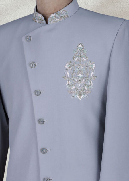 Powder Blue Grey Zardosi Embroidered Sherwani