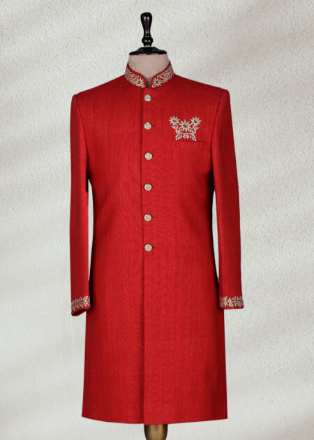Red Embroidered Wedding Sherwani