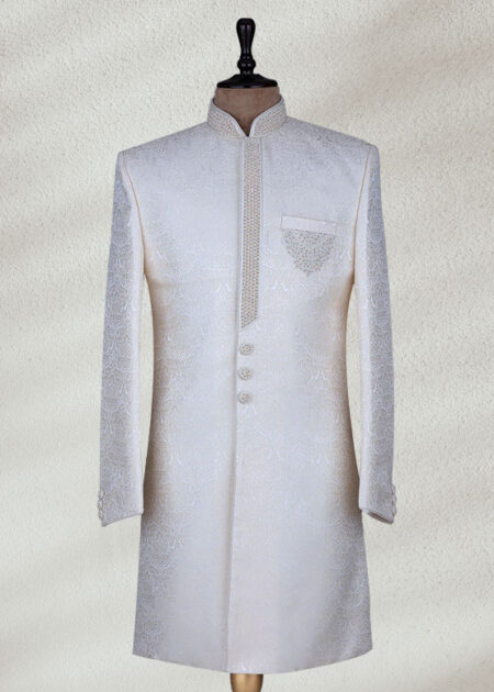 Cream Resham Embroidered Wedding Sherwani