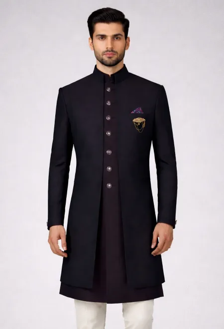 Dark Purple Self Textured Sherwani