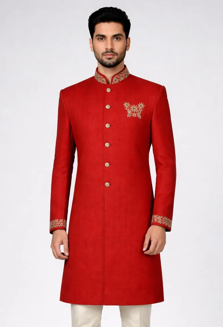 Red Embroidered Wedding Sherwani
