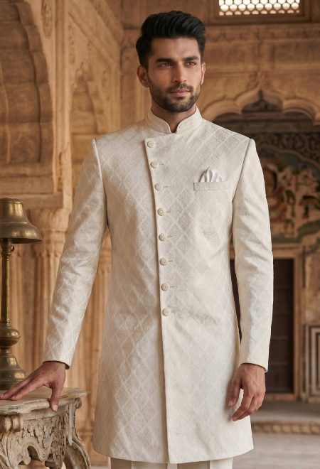 Stylish Off White Texture Sherwani for Men