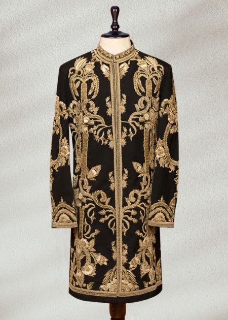 Luxurious Hand Embroidered Black Golden Sherwani Black Golden Sherwani