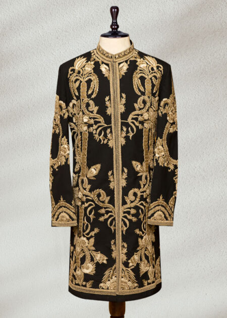 Luxurious Hand-Embroidered Black and Gold Sherwani