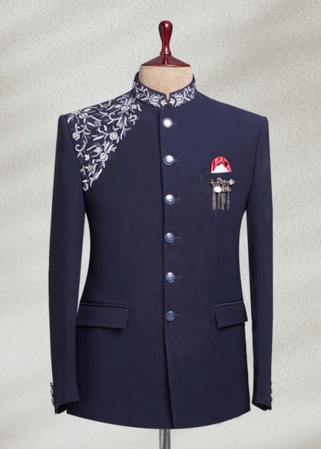 Dark Blue Resham Embroidered Prince Suit Dark Blue Resham Embroidered Prince Suit