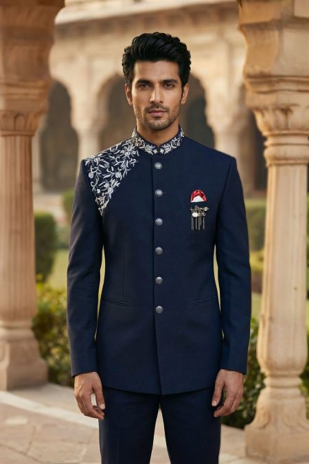 Dark Blue Resham Embroidered Prince Suit