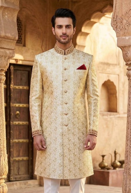 Self Embroidered Golden Sherwani