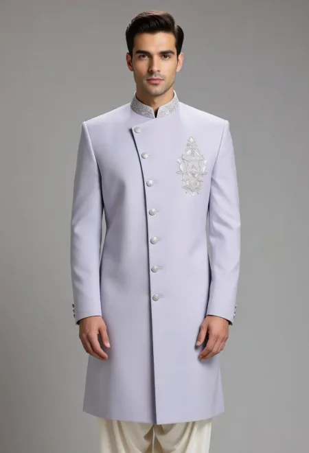 Powder Blue Grey Zardosi Embroidered Sherwani