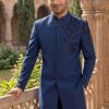 Classic Deep Blue Cutdana Embroidered Sherwani Midnight Blue Sherwani