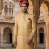Golden Sherwani with Ornate Embroidery With Turban Navy Blue Sherwani