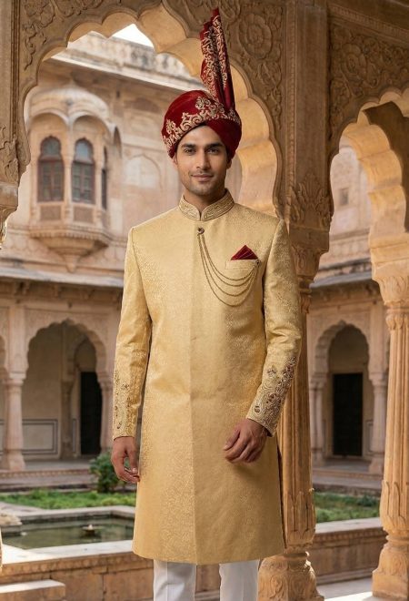 Golden Sherwani with Ornate Embroidery With Turban