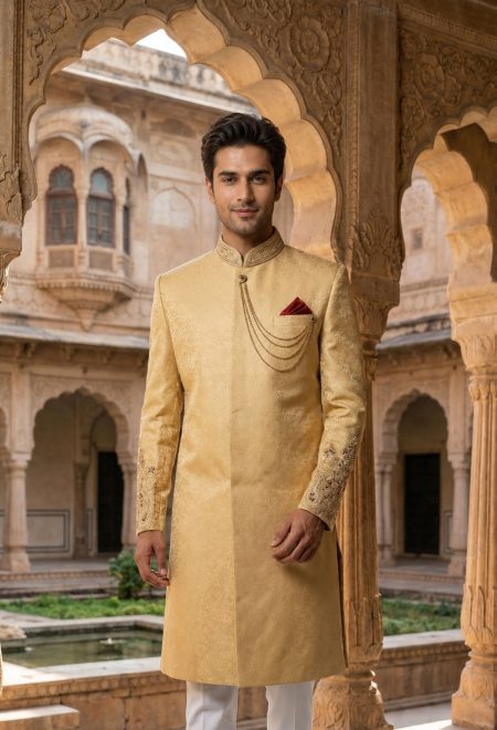 Bespoke Golden Embroidered Sherwani Golden Sherwani with Ornate Embroidery for Groom