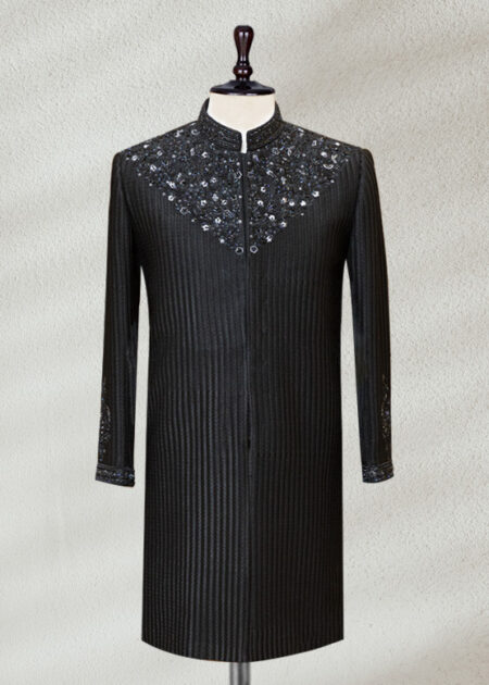 Black textured Sherwani with Silver & Blue Embroidery