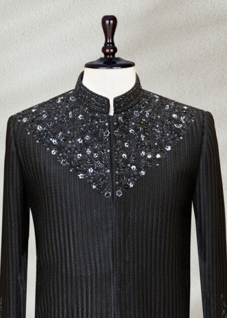 Black textured Sherwani with Silver & Blue Embroidery