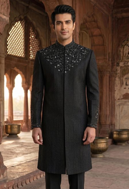 Stylish Black Embroidered Sherwani for Men