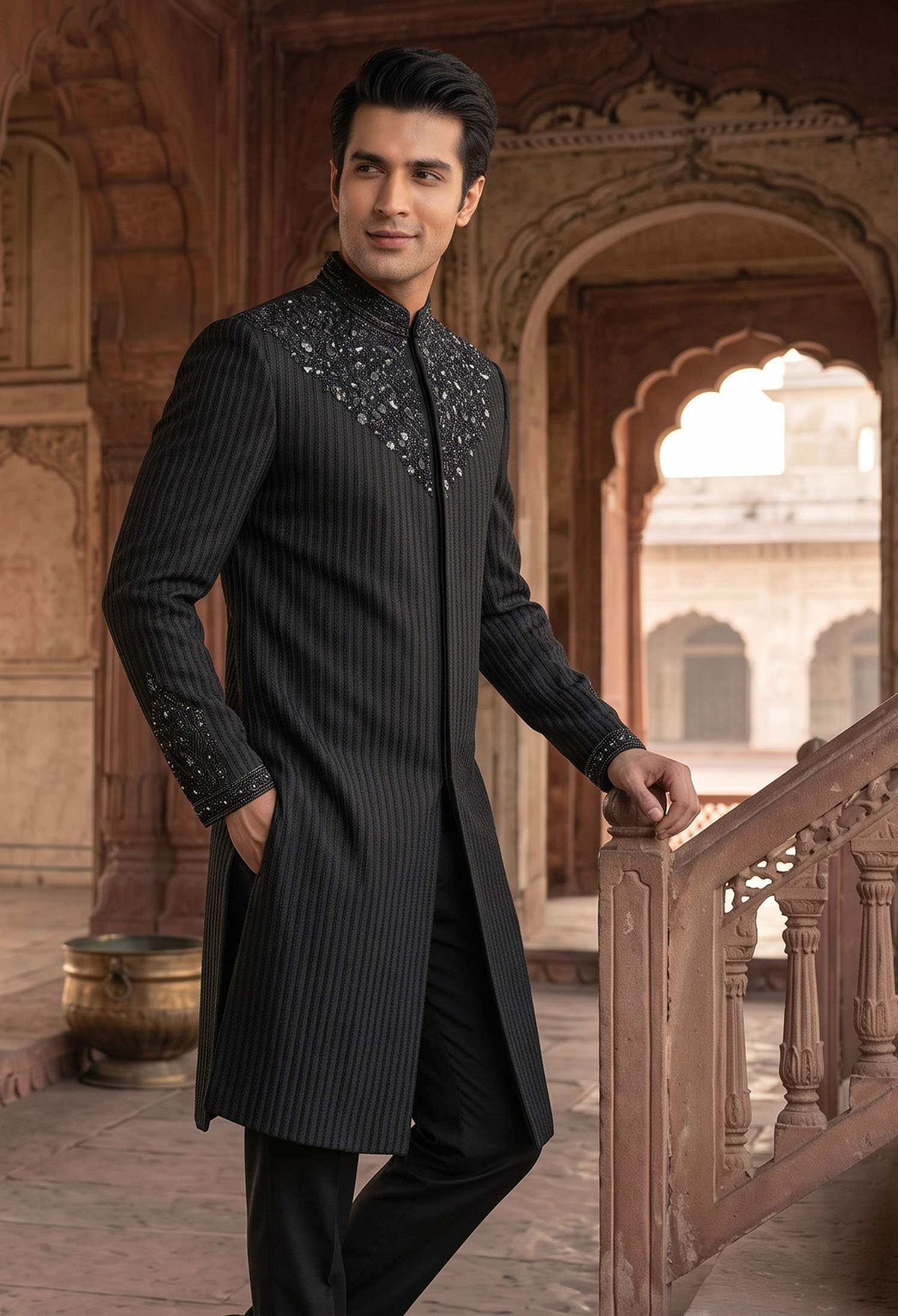 Stylish Black Embroidered Sherwani 2 Stylish Black Embroidered Sherwani Black Embroidered Sherwani