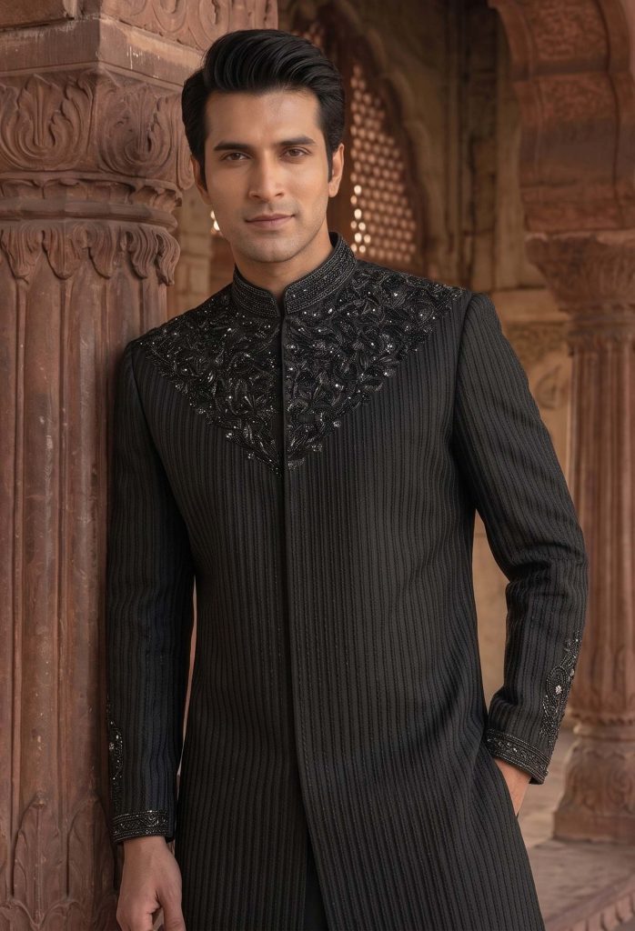 Stylish-Black-Embroidered-Sherwani-4-698X1024 Stylish Black Embroidered Sherwani Black Embroidered Sherwani
