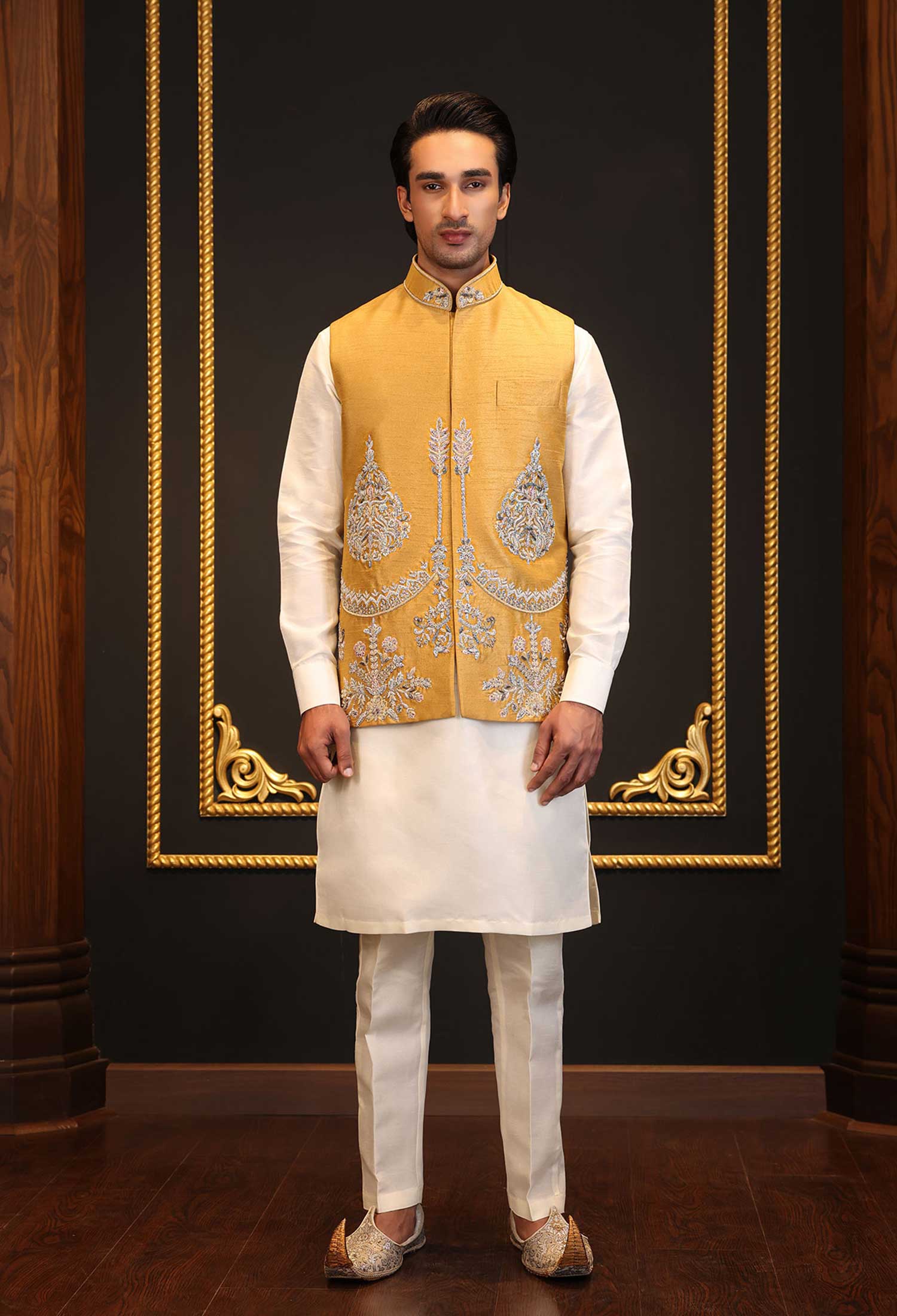 Golden Silk Waistcoat with Silver Embroidery