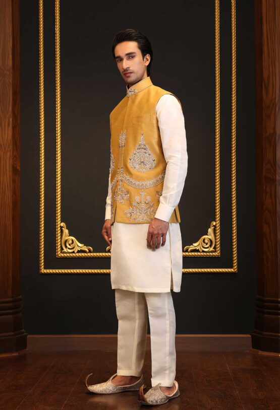 Golden Silk Waistcoat with Silver Embroidery