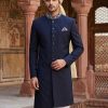 Navy Blue Sherwani with Stone Work with Cream Turban