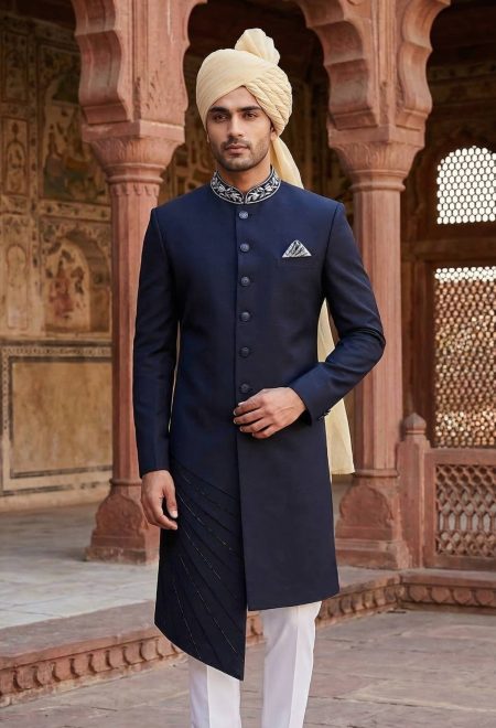 Navy Blue Sherwani With Stone Work With Cream Turban Navy Blue Sherwani Navy Blue Sherwani with Stone Work with Cream Turban