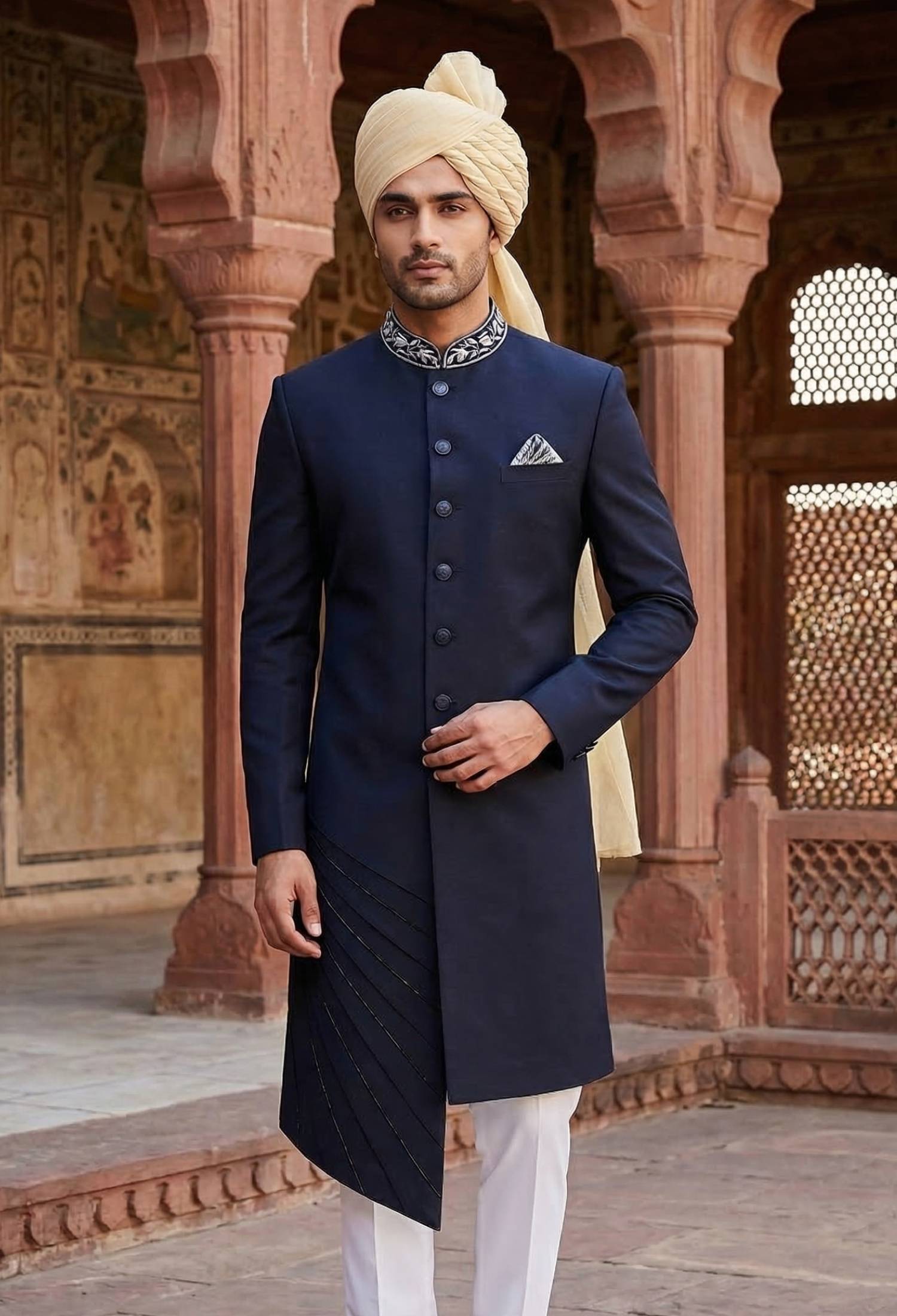 Navy Blue Sherwani With Stone Work With Cream Turban Navy Blue Sherwani with Stone Work with Cream Turban