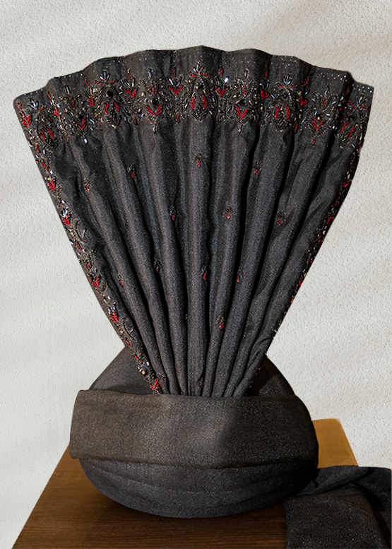 Black Turban with Red and Silver Embroidery