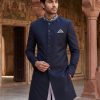 Custom Navy Blue Sherwani for Men Black Sherwani with Golden Embroidery