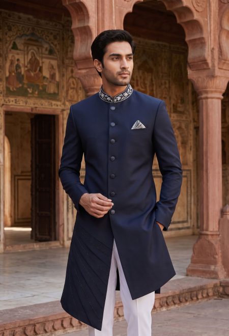 Custom Navy Blue Sherwani for Men