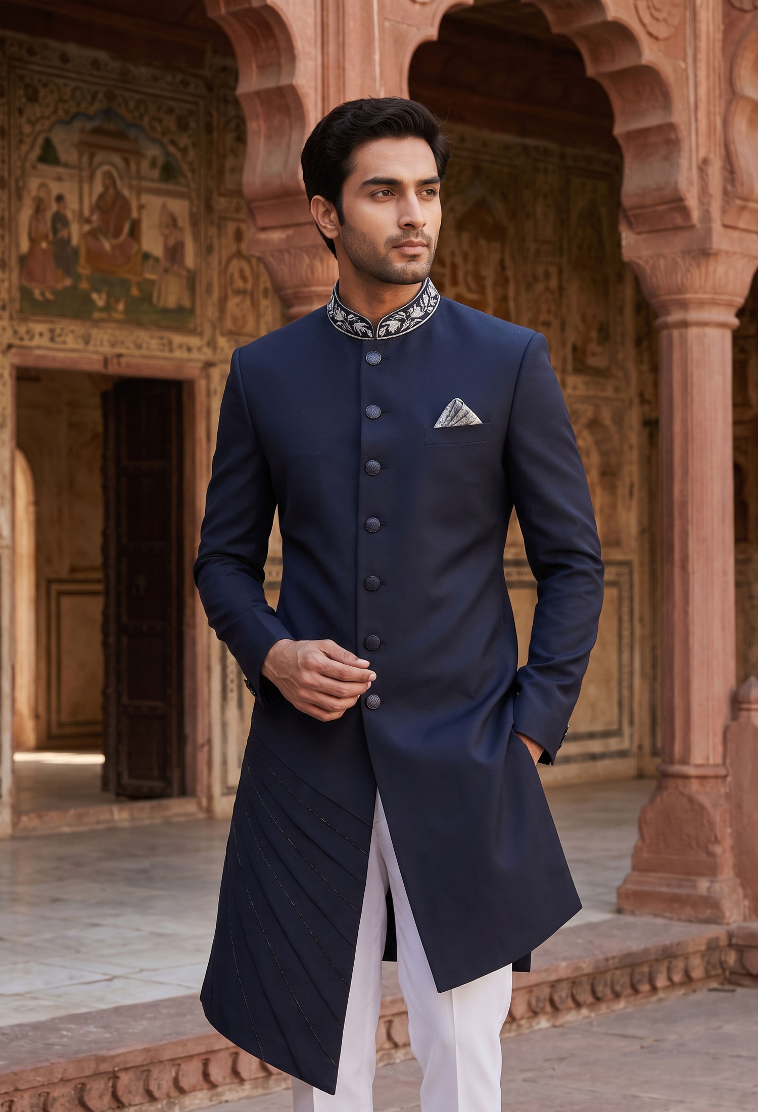 Image_In_Different_Pose_2K_202607061317 Custom Navy Blue Sherwani for Men Navy Blue Sherwani