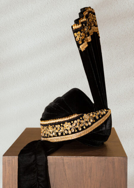 Luxurious Black Velvet Turban with Golden Beadwork