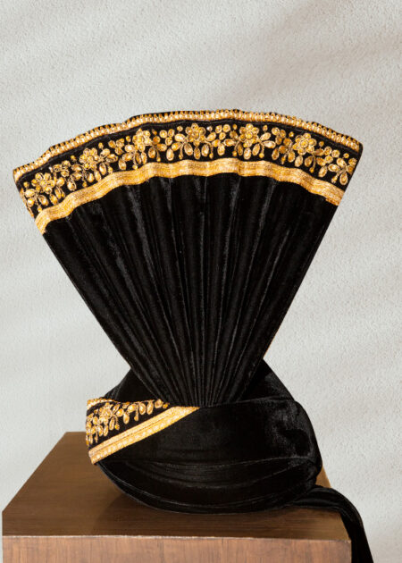Luxurious Black Velvet Turban with Golden Beadwork