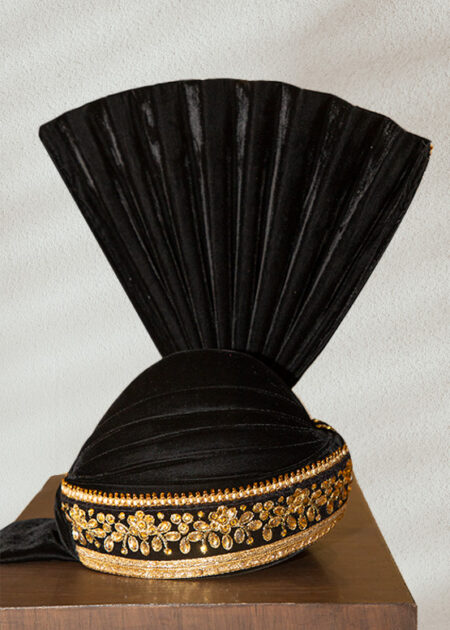 Luxurious Black Velvet Turban with Golden Beadwork