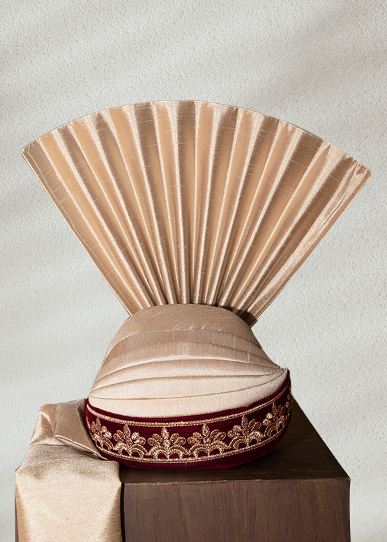 Beige Turban with Maroon and Gold Accents
