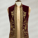 Velvet Maroon Waistcoat with Gold Embroidery