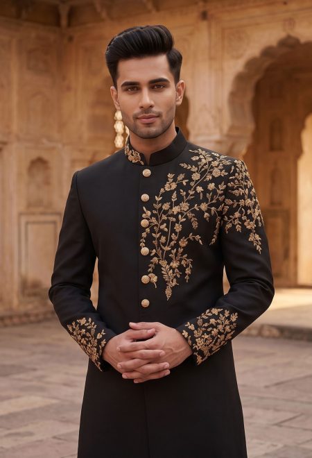Designer Black Sherwani with Golden Embroidery