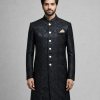 Royal Black Textured Pattern Sherwani Paisley Embroidered Sherwani