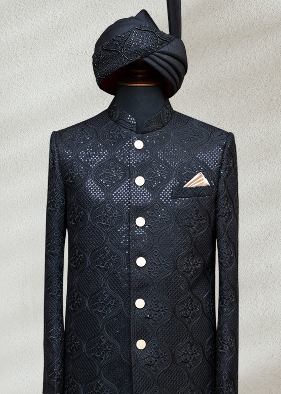 Black Textured Pattern Sherwani