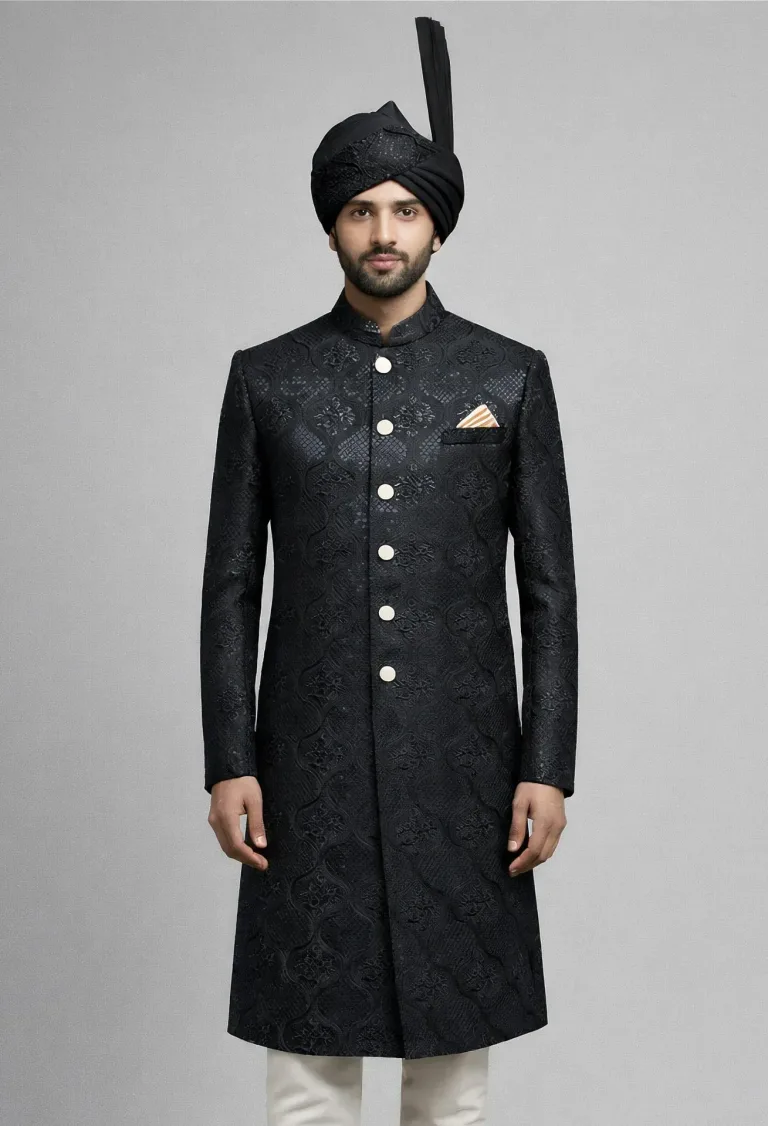 Black Textured Pattern Sherwani
